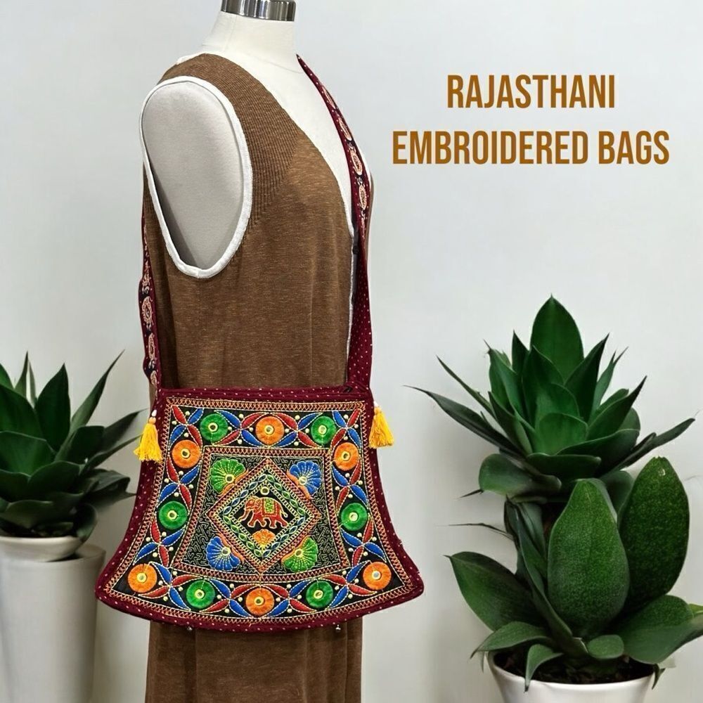RAJASTHANI Bohemian Hand Embroidered Elephant Sling Crossbody Red Jholna Bag